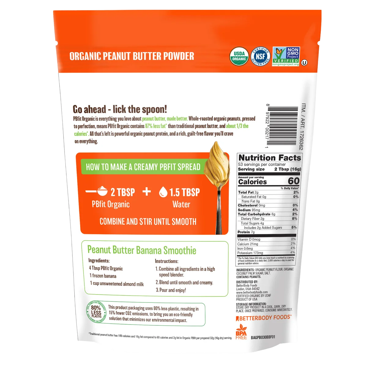 PBfit Organic Peanut Butter Powder, 30 oz.